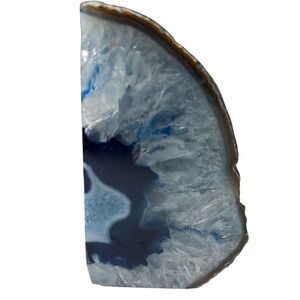 Modern Blue Agate Geode Bookend Half Polished Druzy Quartz Decor 5in 3lb
